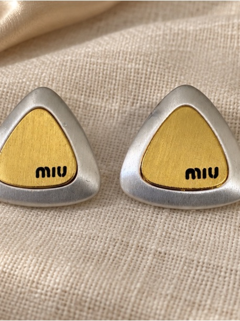 Designer Inspired Silver & Gold Tone Rounded Triangle Statement Earrings